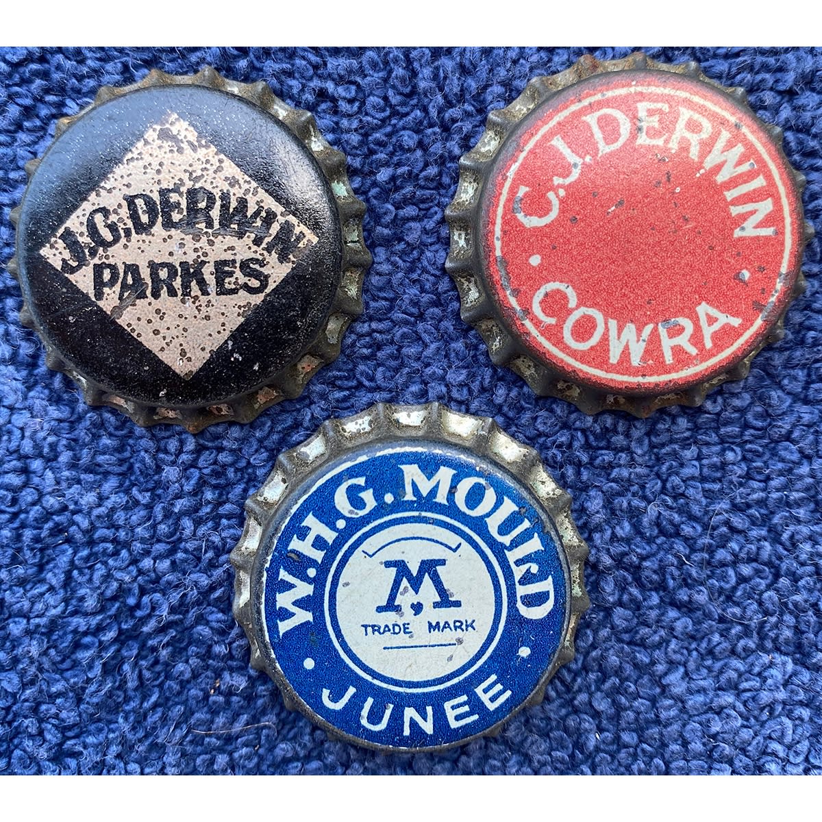 3 early Crown Seal Caps: J. G. Derwin, Parkes; C. J. Derwin, Cowra; W. H. G. Mould, Junee. (New South Wales)