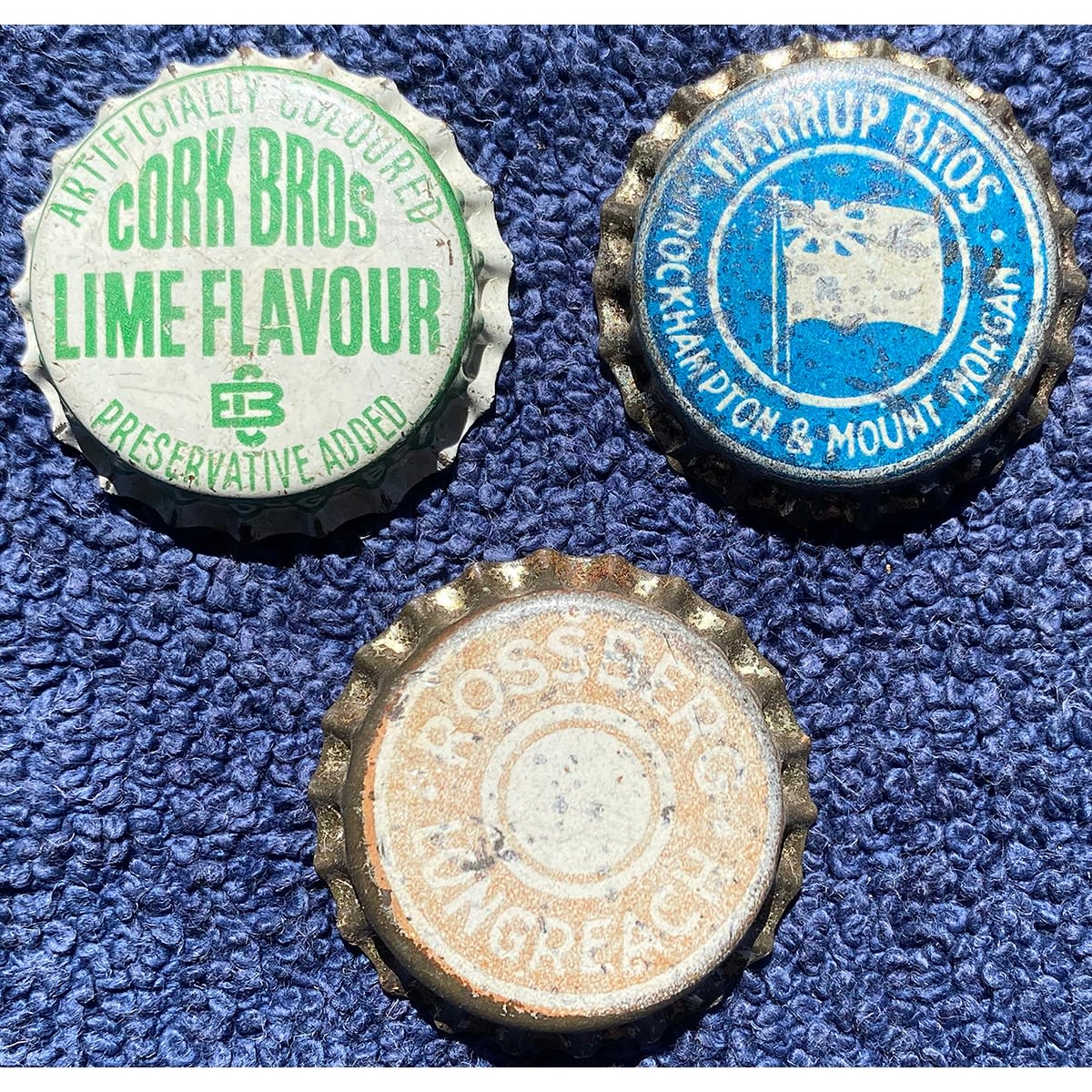 3 QLD Crown Seal Caps: Cork Bros Woolloongabba; Harrup Bros., Rockhampton & Mount Morgan; Rossberg, Longreach. (Queensland)