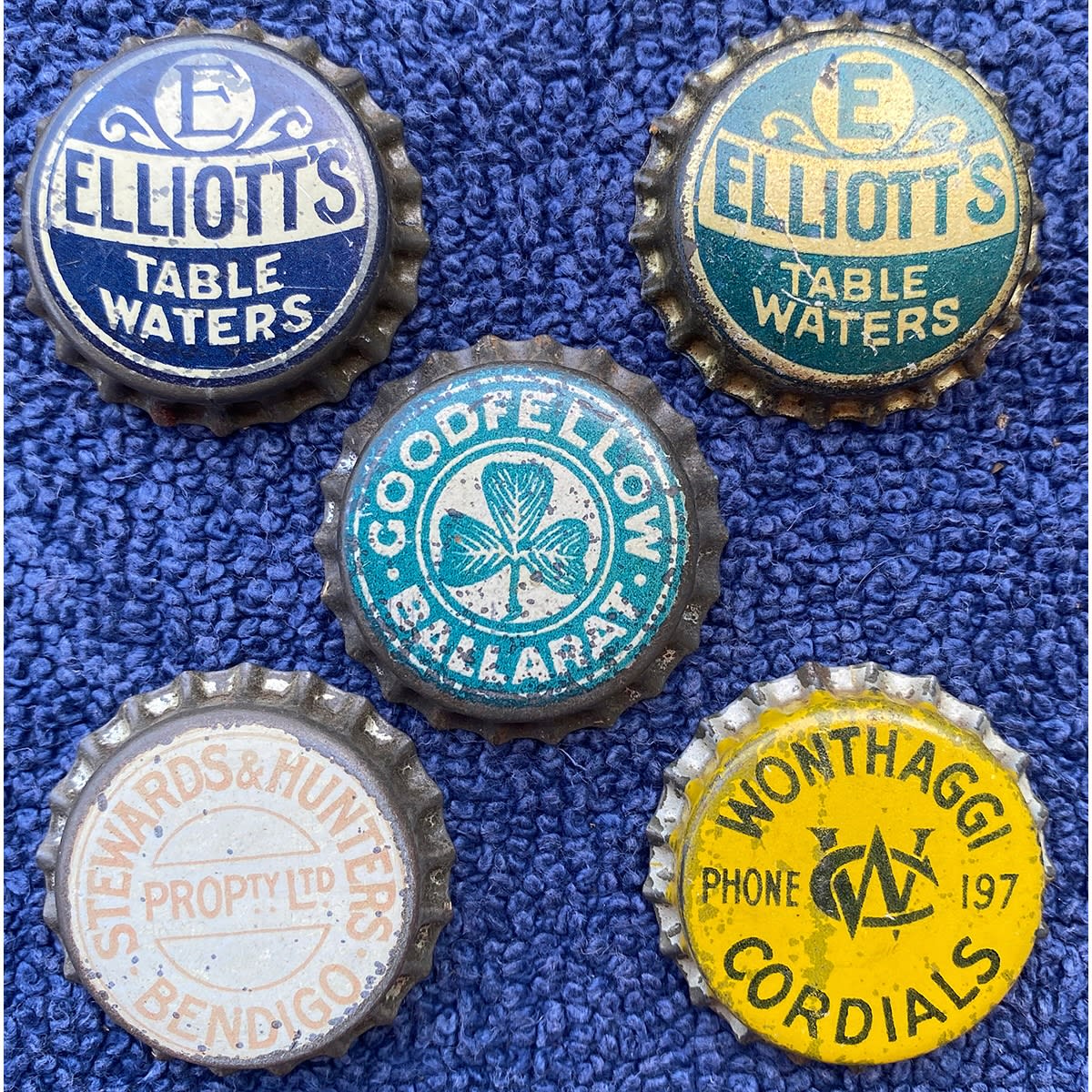 5 Crown Seal Caps: 2 different Elliott's Table Waters; Wonthaggi Cordials; Goodfellow, Ballarat; Stewards & Hunters Bendigo. (Victoria)