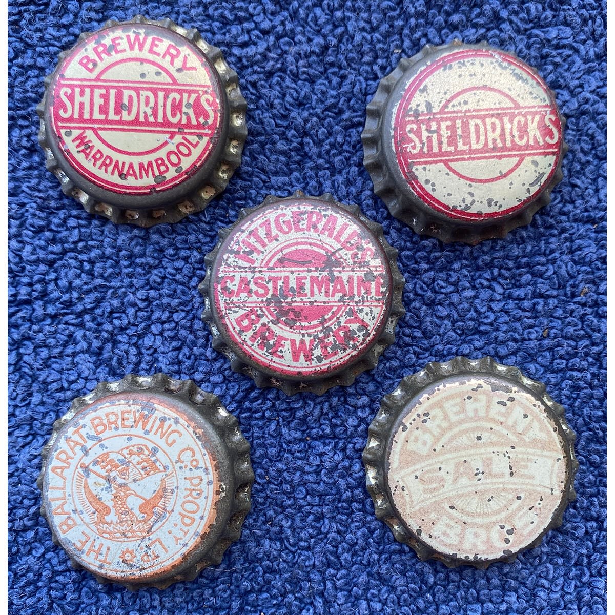 5 Beer Crown Seal Caps: 2 x diff Sheldrick's Warrnambool; Fitzgeralds Castlemaine Brewery; Ballarat Brewing Co Prop Ltd; Breheny Bros Sale. (Victoria)