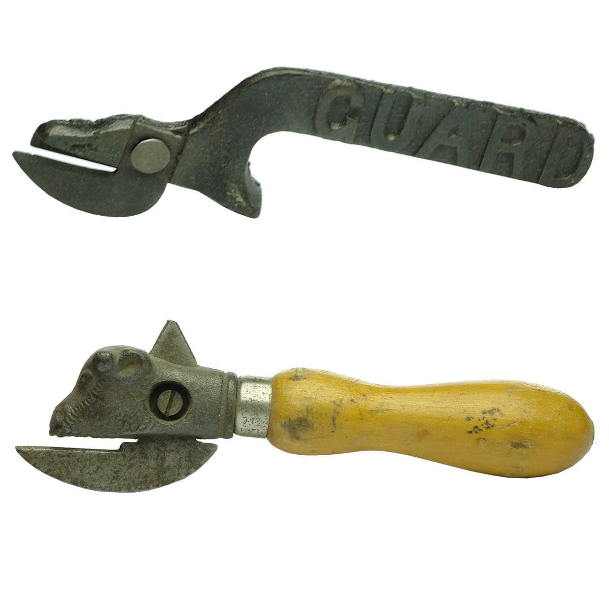 2 Openers. Guard Can Opener and Bull's Head Can Opener with Wooden Handle.