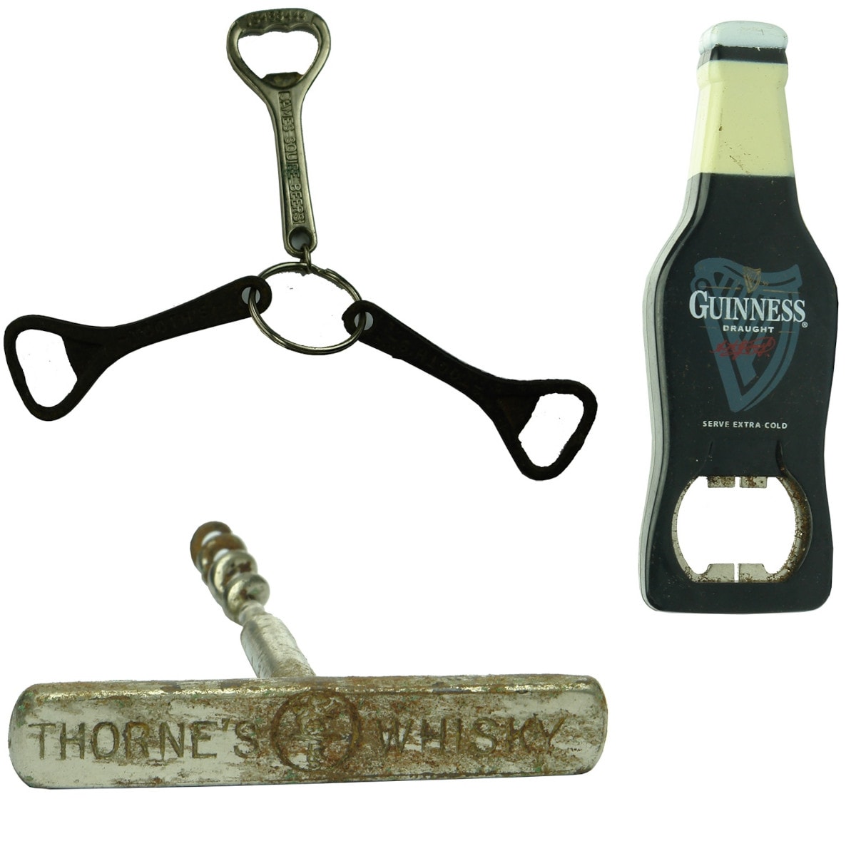 Advertising Openers. 1. James Squire Beers, Malt Shovel Brewery. 2. Tooth's K. B. Lager. 3. Tooth's K. B. Lager. 4. Guinness Plastic Bottle Shaped Opener. 5. Thorne's Whisky Corkscrew.