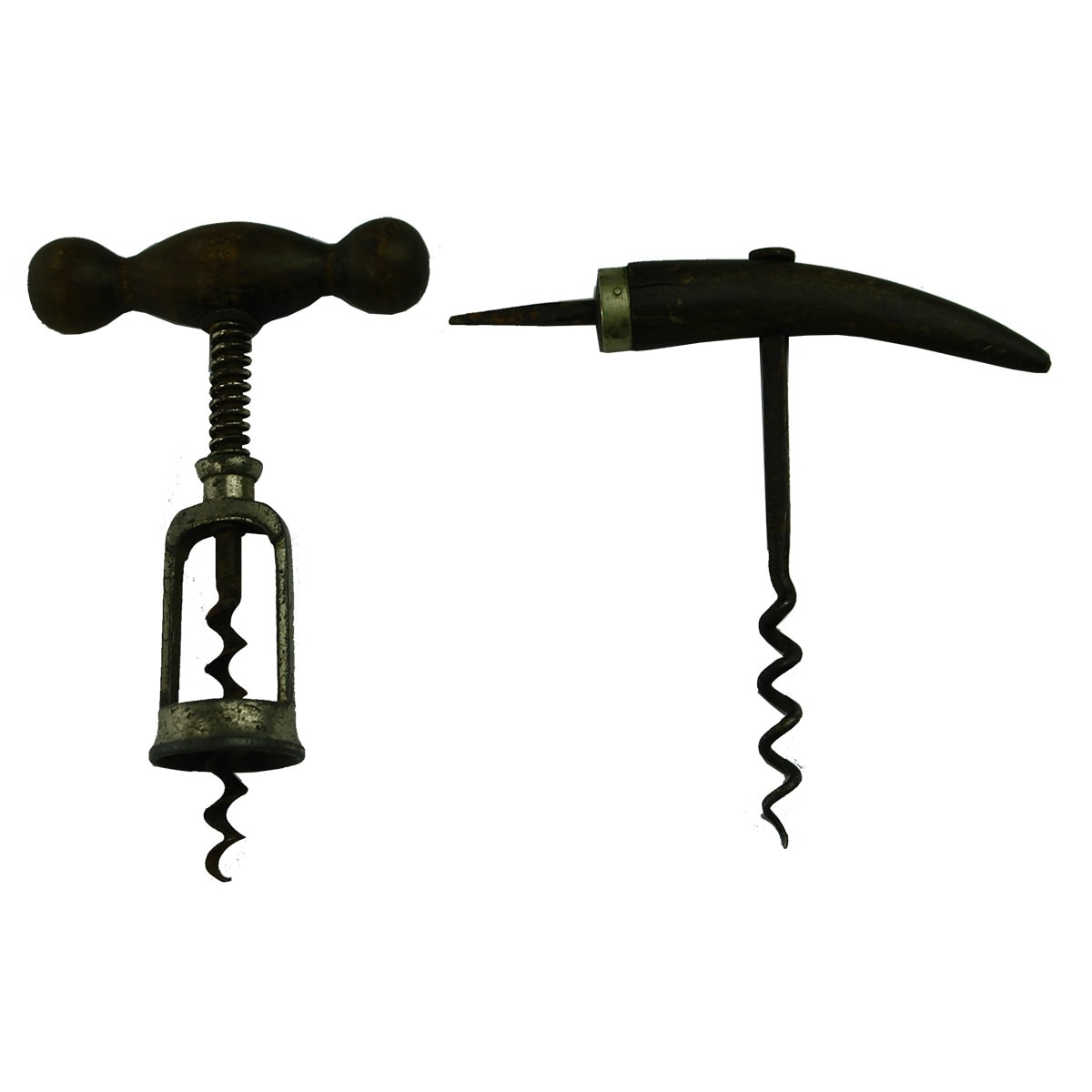 Openers. 1. Hercules Wooden Handle Corkscrew. 2. C. Johnson "Adelaide" Horn Handle Corkscrew with Ice Pick.