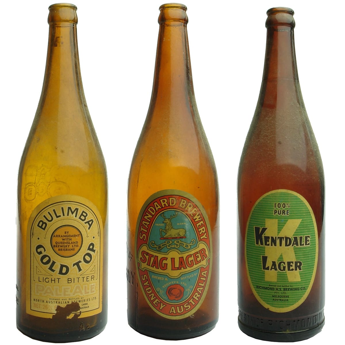 3 Labelled Beers. BEB, Brisbane Bottle Exchange. Bulimba Gold Top; NSW Bottle Company 1921, Tooheys Ltd Stag Lager; Richmond NS Brewing Co Kentdale Lager. (Queensland, New South Wales & Victoria)