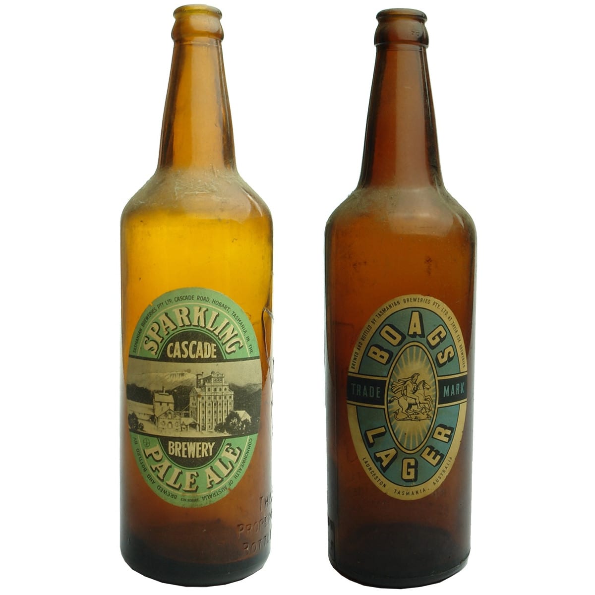 2 Beers. Tasma. Shouldered. Crown Seal. Amber. 26 oz. Cascade Brewery Sparkling Pale Ale and Boags Lager labels. (Tasmania)