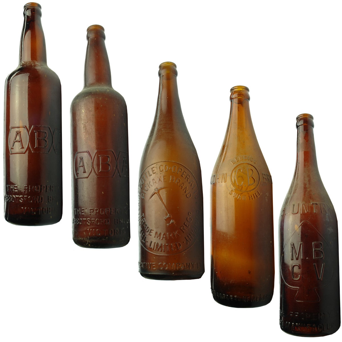 5 Crown Seal Beers. 1 & 2. Abbotsford Brewery, ABA. 2 x Shouldered Amber. 26 oz. 3. Adelaide Bottle Co-Operative Company Limited, Pickaxe. Amber. 26 oz. 4. Cohn Bros, bendigo, Swan Hill. Amber. 26 oz. 5. M. B. C. V., Country. Amber. 26 oz.