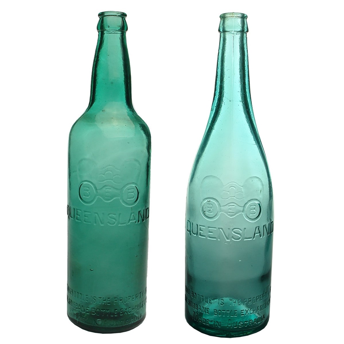 2 Teal Green BEB Beers. Brisbane Bottle Exchange. Shouldered & Champagne shapes. (Queensland)