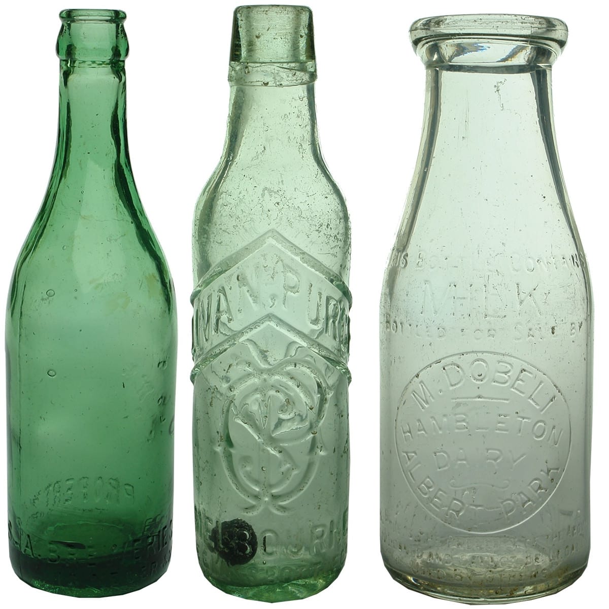 3 Bottles: S. A. Breweries Ltd Green Crown Seal; O' Sullivan Purcell Melbourne lamont; M. Dobeli, Albert Park Milk. (South Africa & Victoria)