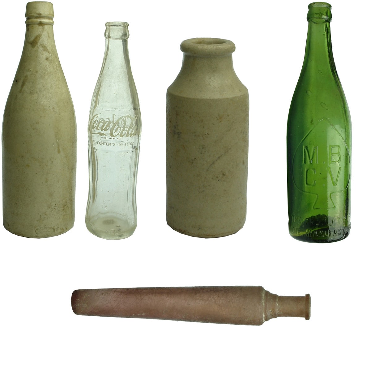 5 Items. 1. Port-Dundas Pottery, Glasgow. Stout. All White. 26 oz. 2. Coca-Cola. Crown Seal. Clear. White Print. 10 oz. 3. Eau De Toilette Peach coloured. 4. Plain white pottery cylinder. 5. MBCV half size green crown seal.