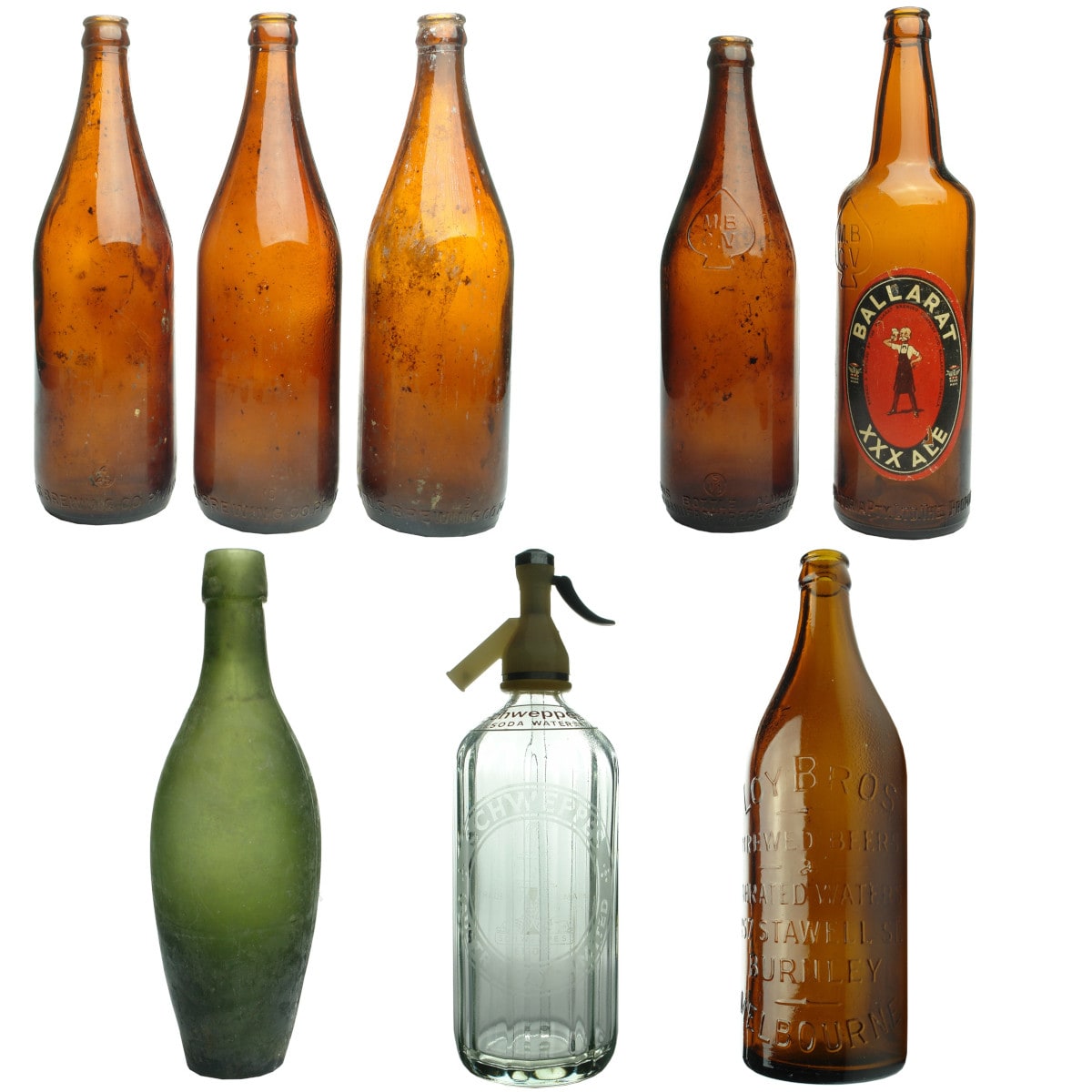 8 Bottles. 3 x Richmond N. S. Brewing Co. Pty Ltd 26 oz amber crown seal beers; 1 x MBCV. with spade on shoulder; 1 x MBCV. with square shoulders and Ballarat XXX Ale label; 1 x half size green skittle; Schweppes Soda Syphon; Loy Bros crown seal.