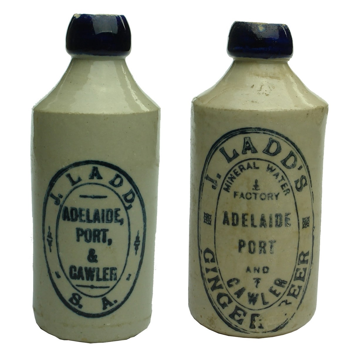 2 Ginger Beers. Both J. Ladd, Adelaide, Port & Gawler. Bendigo Pottery. But different varieties. (South Australia)