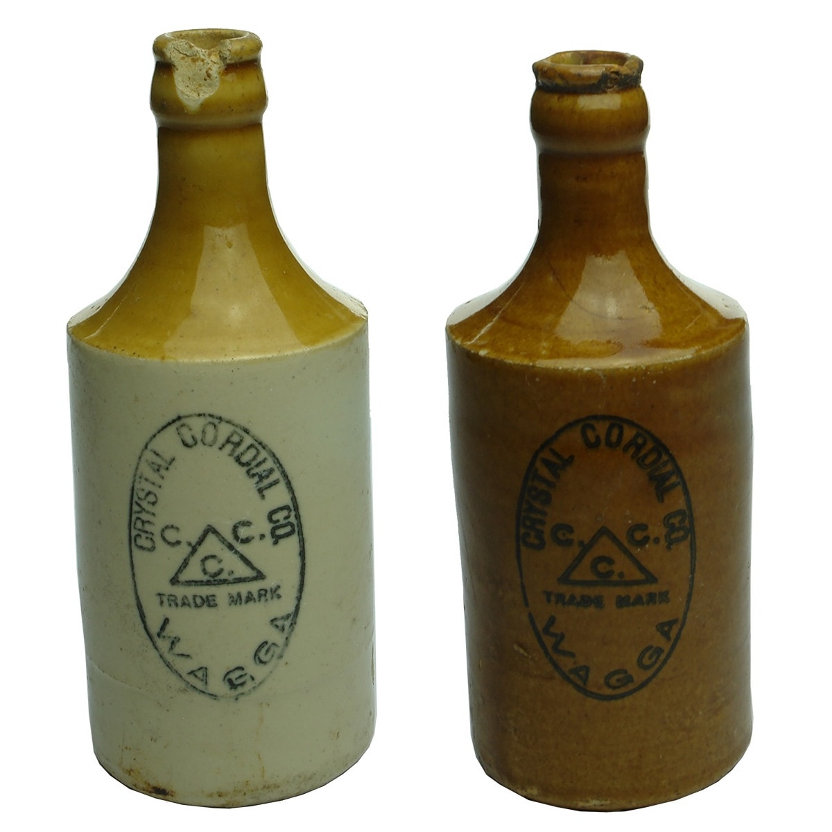 2 Ginger Beers. Both: Crystal Cordial Co. Wagga. Crown Seal. Tan Top & All Tan. (New South Wales)