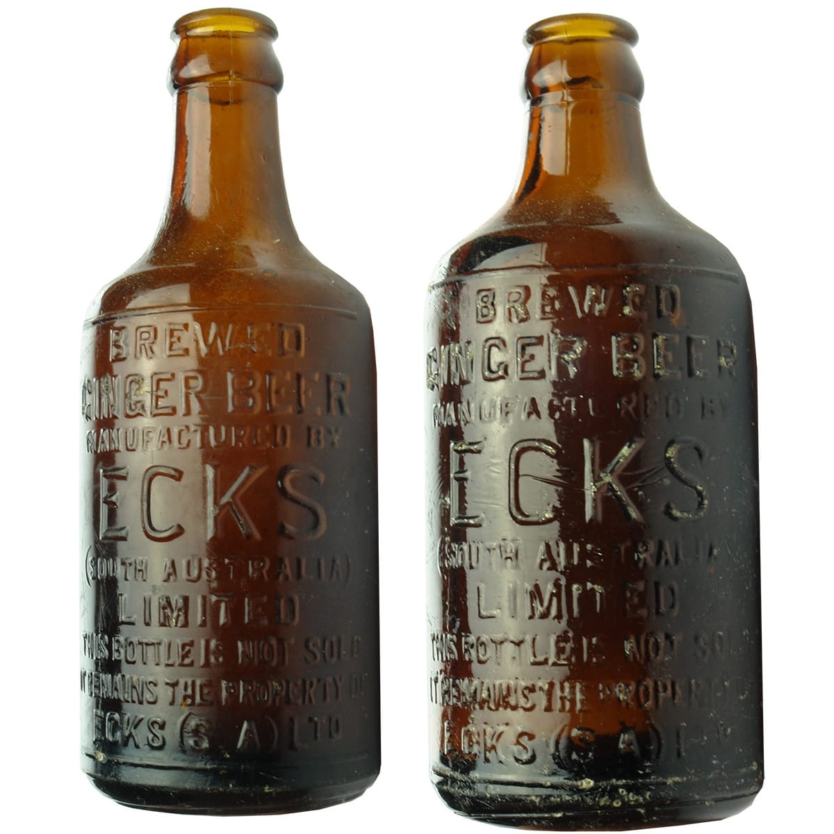 2 Glass Ginger Beers. Ecks (South Australia) Limited. Long Neck & Short Neck varieties. (South Australia)