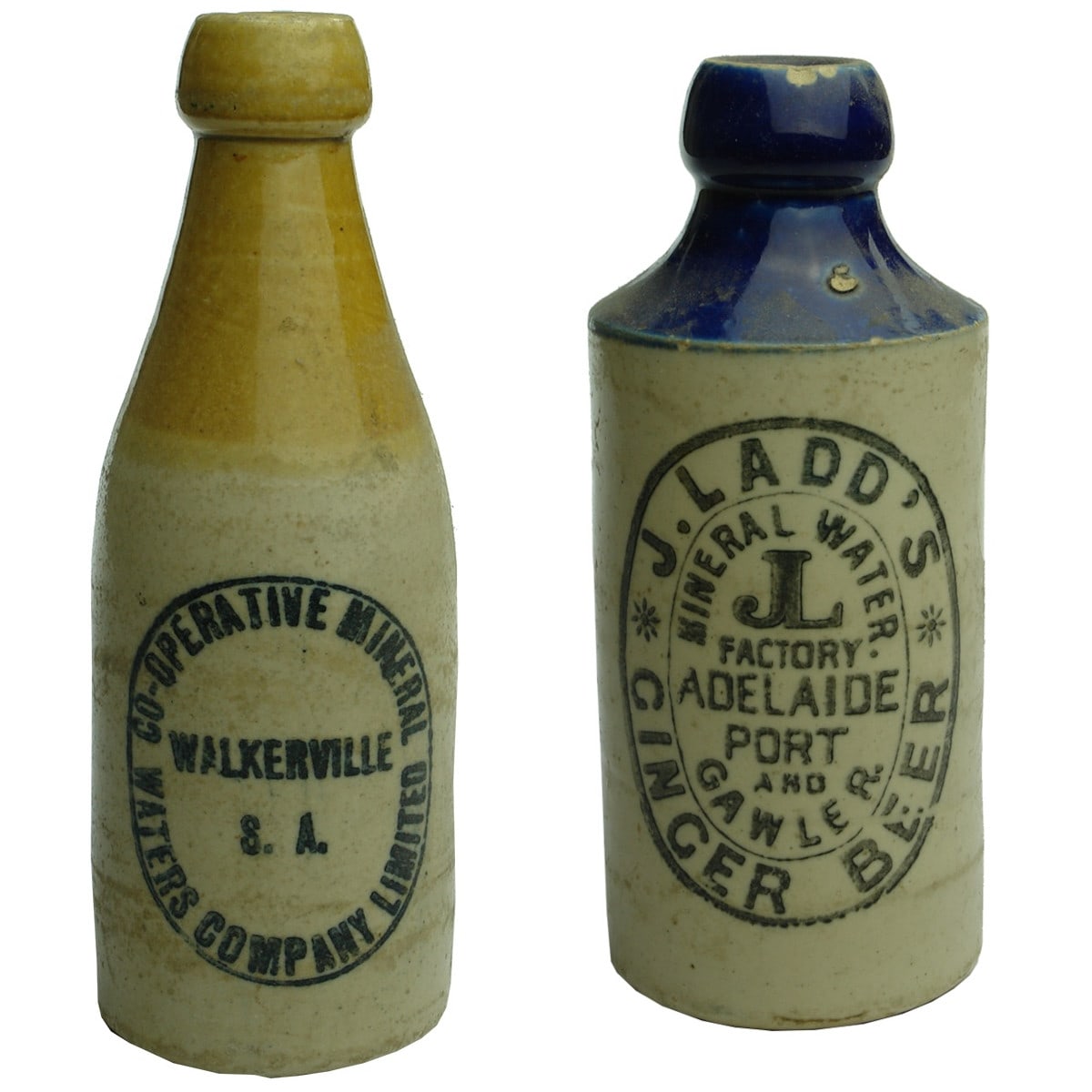 2 Ginger Beers. Co-operative Mineral Waters Company, Walkerville & J. Ladd, Adelaide, Port & Gawler. (South Australia)