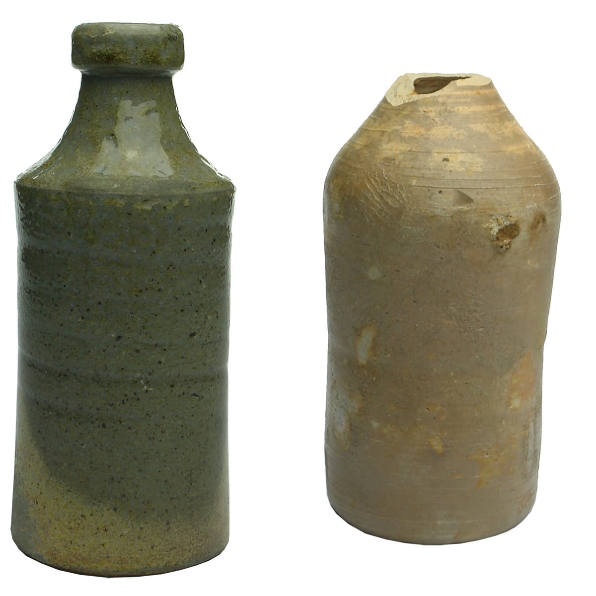 2 Early "Convict" style Ginger Beers: Plain Grey/Yellow and one with Fingerprints all over but no top.