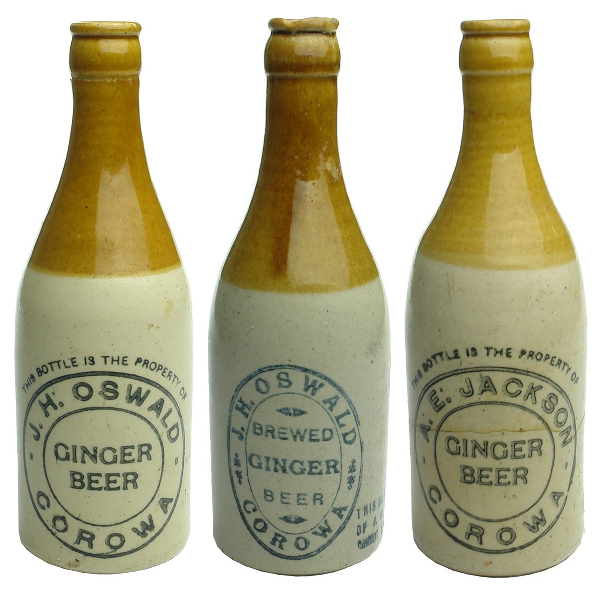 3 Ginger Beers: 2 different J. H. Oswald and A. E. Jackson. Corowa. Crown Seals. (New South Wales)