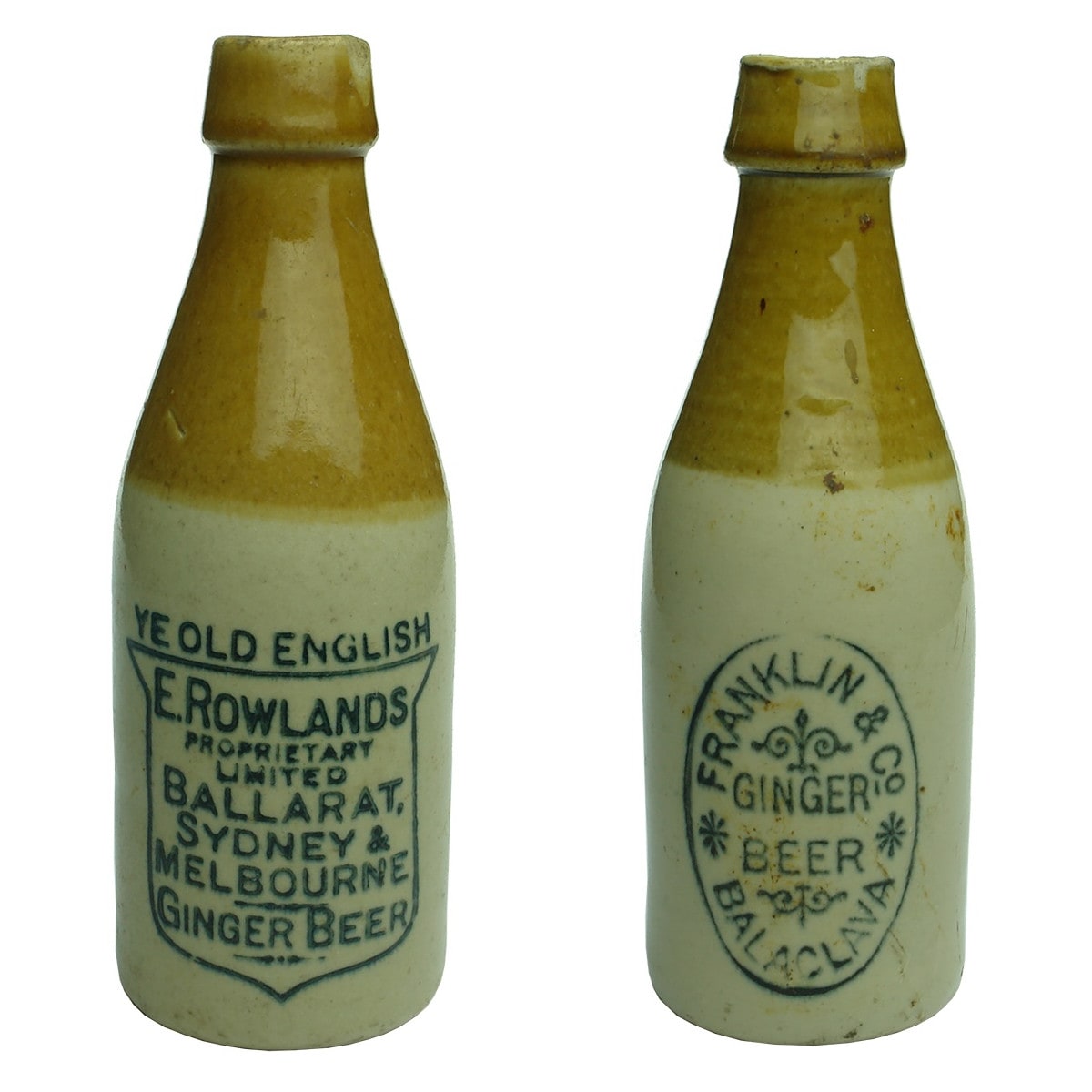 2 Ginger Beers: E. Rowlands Pty Ltd Ballarat, Sydney & Melbourne; Franklin & Co., Balaclava. (Victoria & New South Wales)