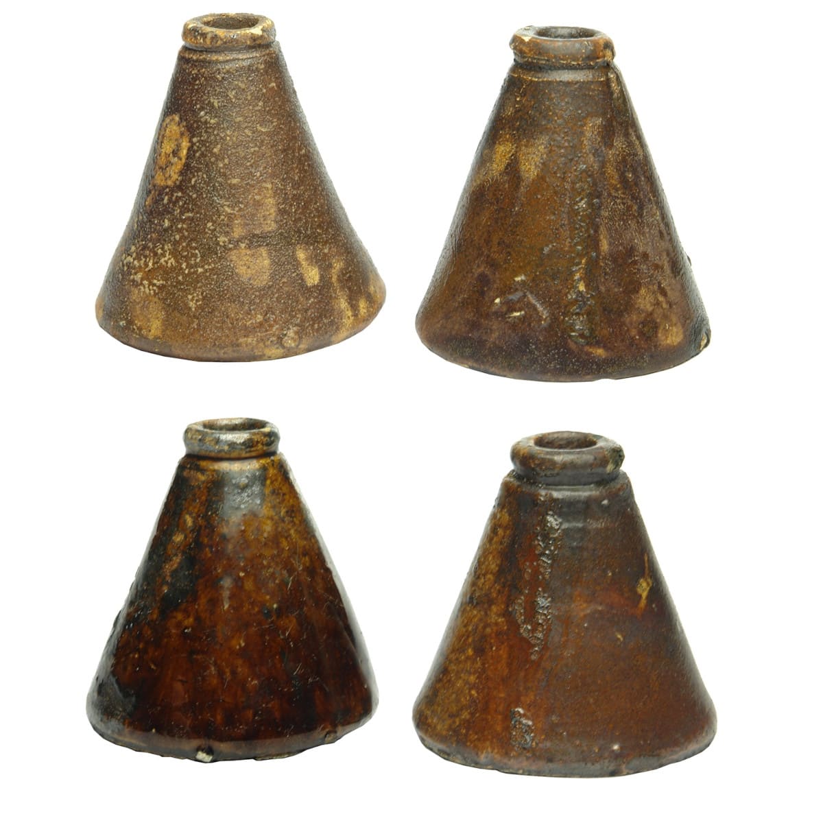 4 Cone Inks. Crude Queensland pottery types. One with a shiny treacle like glaze.