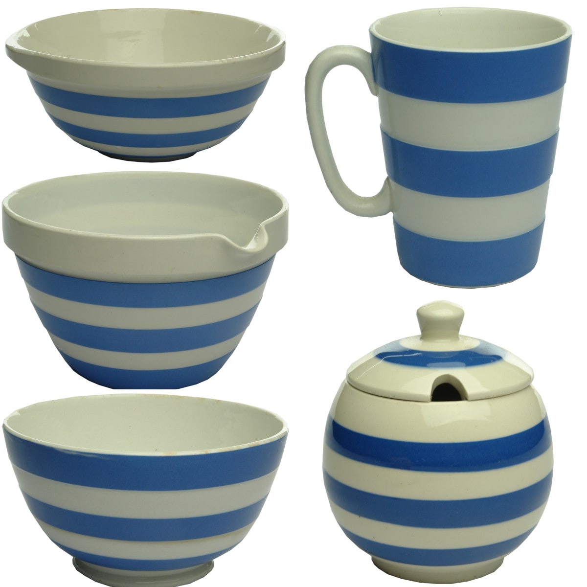 Five Cornish Ware Pottery Pieces: Pudding Bowl; Mug; Mixing Bowl; Pudding Bowl; Sugar Bowl with lid. T. G. Green and Sadler.