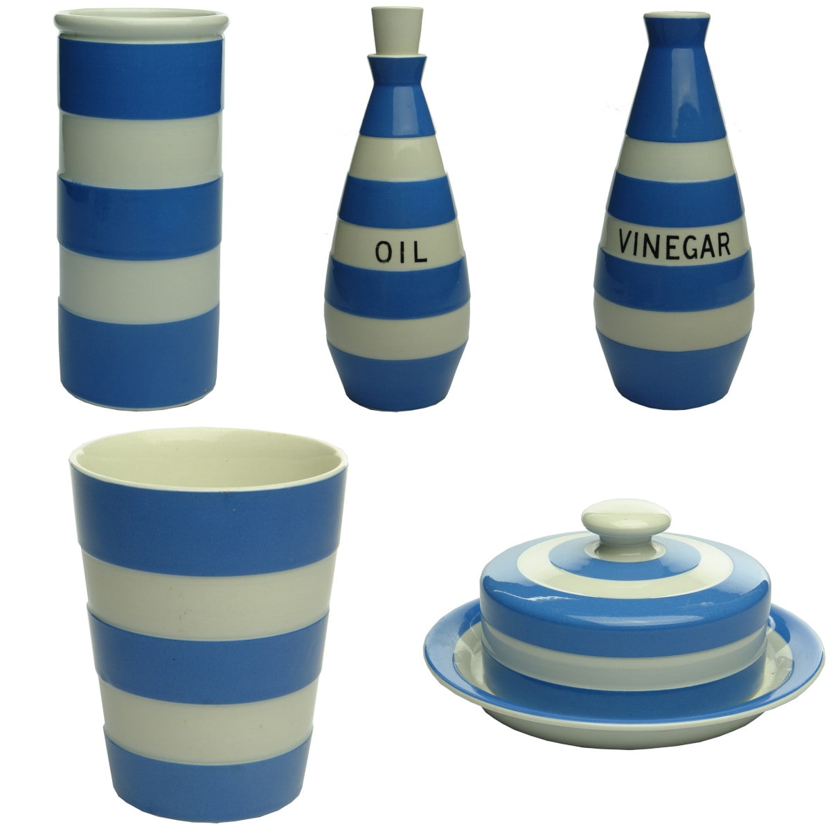 5 T. G. Green & Co Cornish Ware pieces: Utensil Vase; Tumbler; Butter Dish; Oil Bottle; Vinegar Bottle.