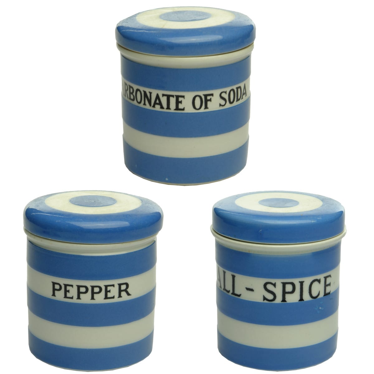 Pottery. T. G. Green Cornish Ware Set of Three Kitchen Cannisters with Lids: 1. Carbonate of Soda. 2. Pepper. 3. All-Spice. (United Kingdom)