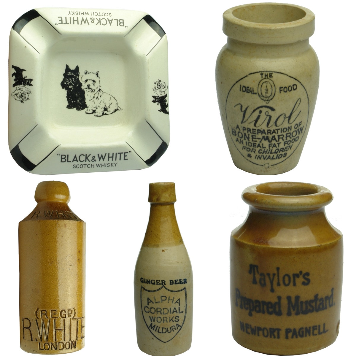 5 Pottery Pieces: Black & White Whisky Ashtray; Virol; R. White London Ginger Beer; Alpha Cordial Works Mildura Ginger Beer; Taylor's Mustard Newport.