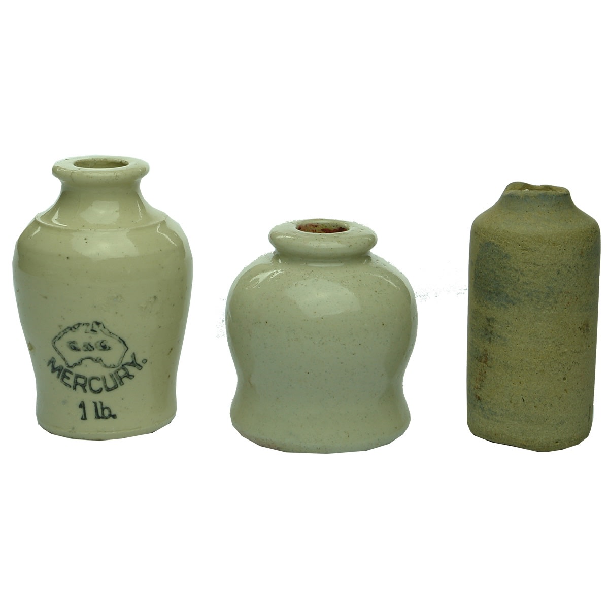 3 Stoneware Pieces: 2 different Dental Mercury Pots: Small plain grey piece that looks ancient with wear all around.