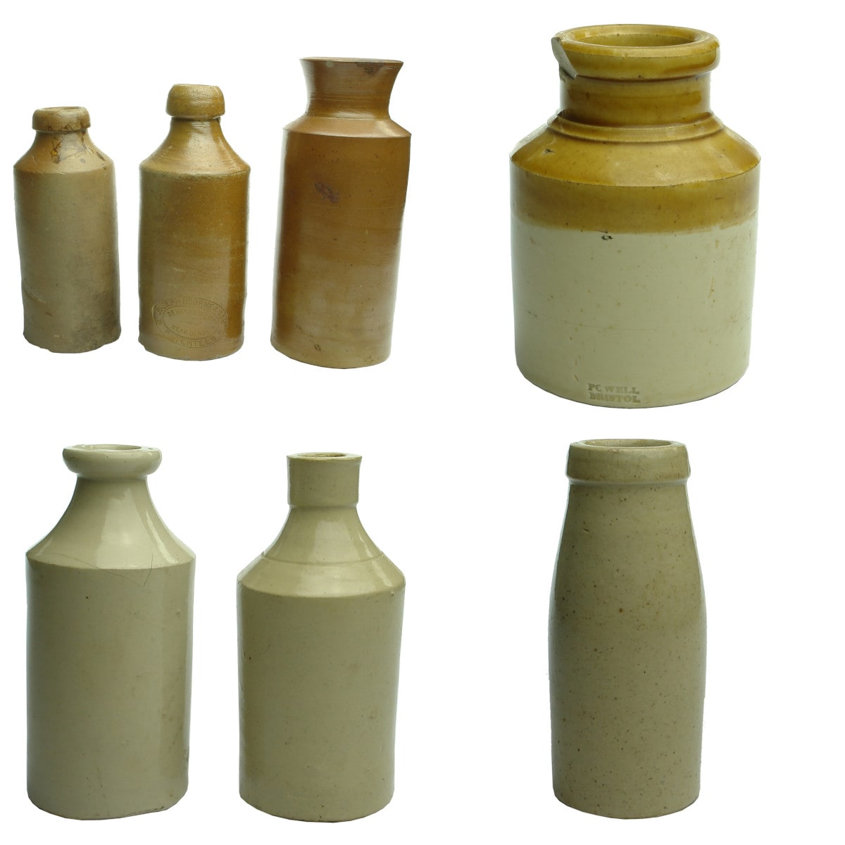 7 Pieces of Stoneware: Various Polish and Blacking Jars; Cheese Jar; Joseph Bourne Ginger Beer & Plain unusual ginger beer.