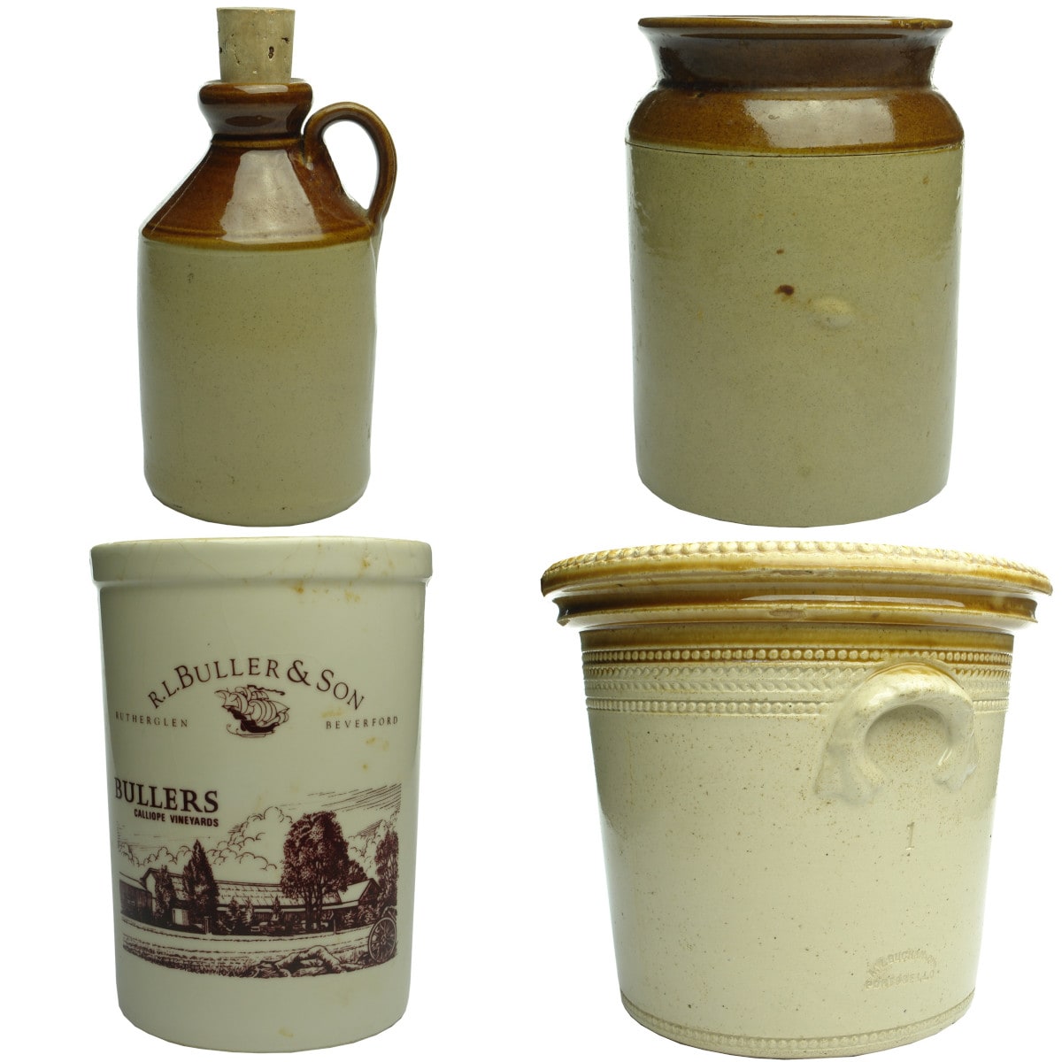 4 Pottery Items. Small Pearson's, Chesterfield Unmarked Demijohn; Small Pearson's, Chesterfield Unmarked Wide Neck Jar; R. L. Buller & Son, Rutherglen Ice Bucket; Buchan Portobello Butter Crock.