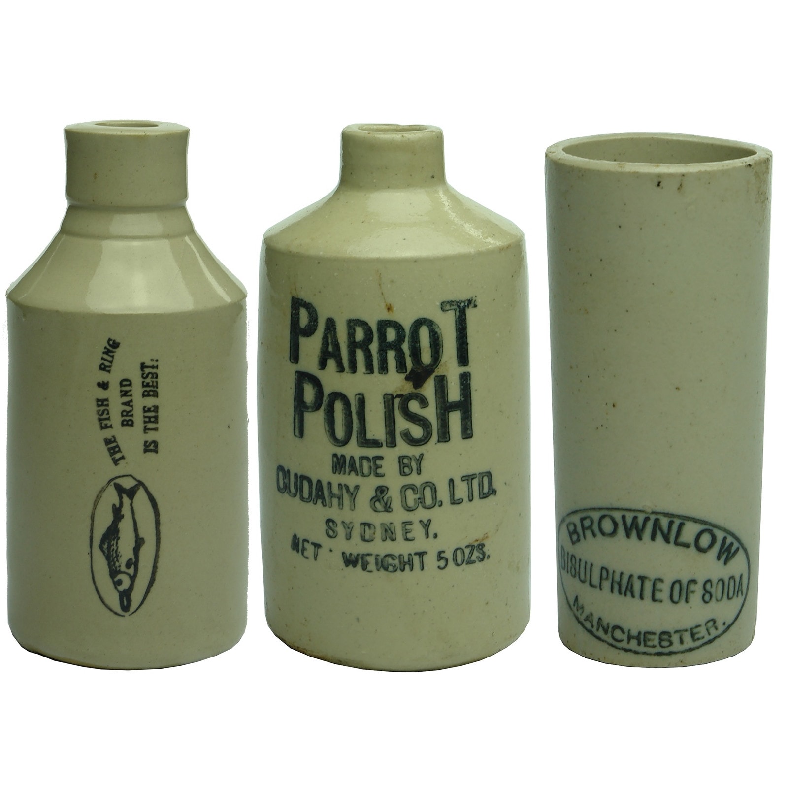 3 Printed stoneware items: The Fish & Ring Brand; Parrot Polish; Brownlow Bisulphate of Soda.