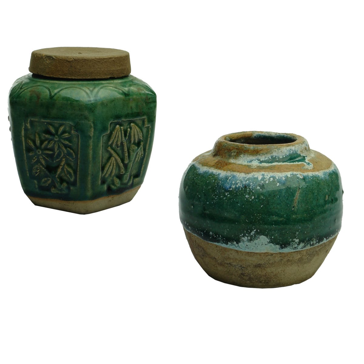 2 Chinese Ginger Jars. Large Hexagonal with Flowers. Small round green.