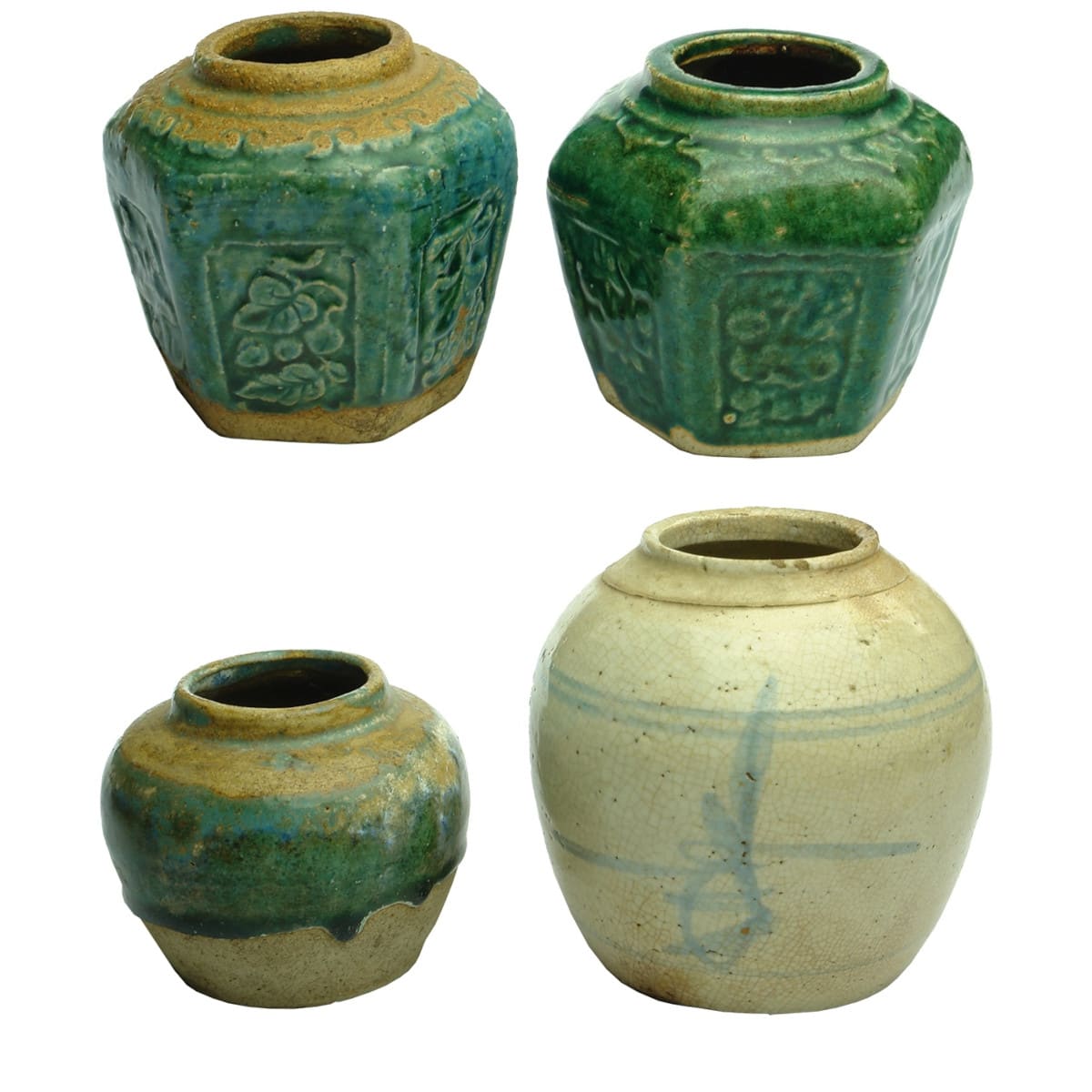 4 Chinese Ginger Jars. Medium Blue & White; Small round green; 2 x small hexagonal green.