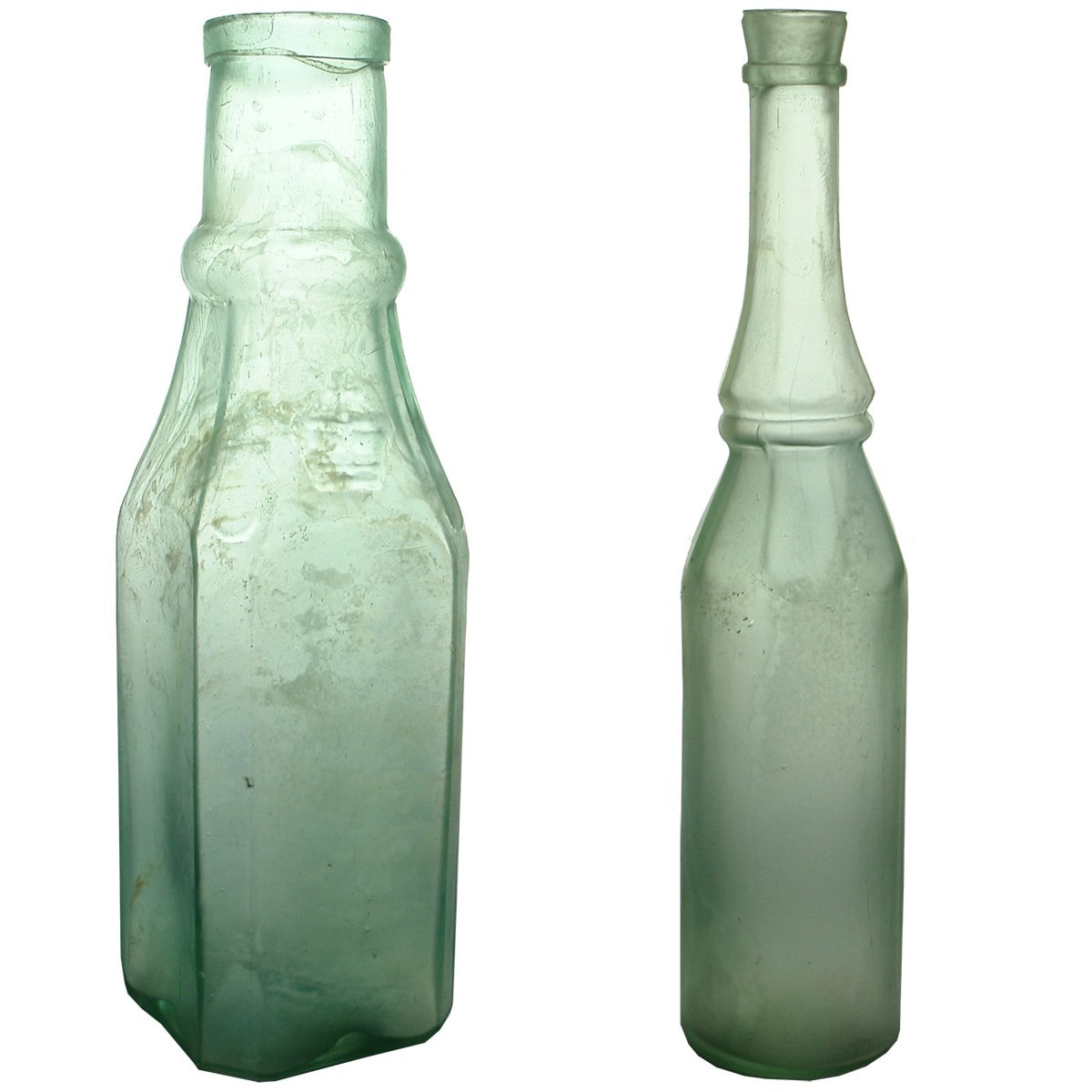 2 Goldfields Bottles. Batty Pickle. Registered 1 October, 1861; Salad Oil. Coward's. Aqua. 7 oz.