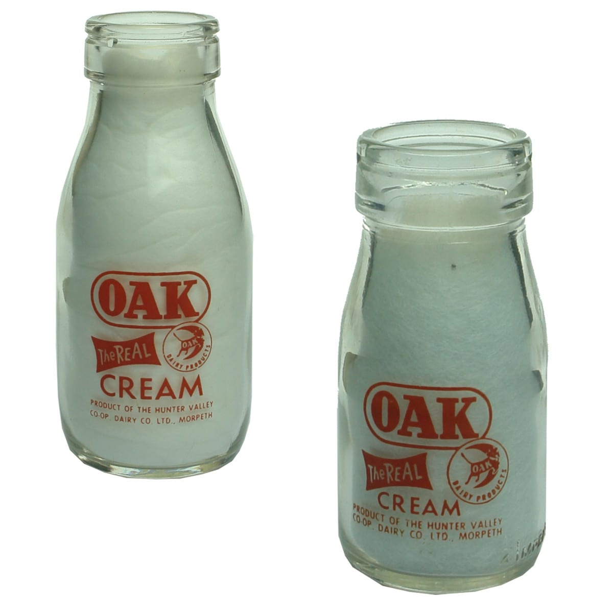 Pair of Oak Cream Morpeth bottles. Hunter Valley Co-op Dairy Co. 1/2 and 1/4 Pint. (New South Wales)