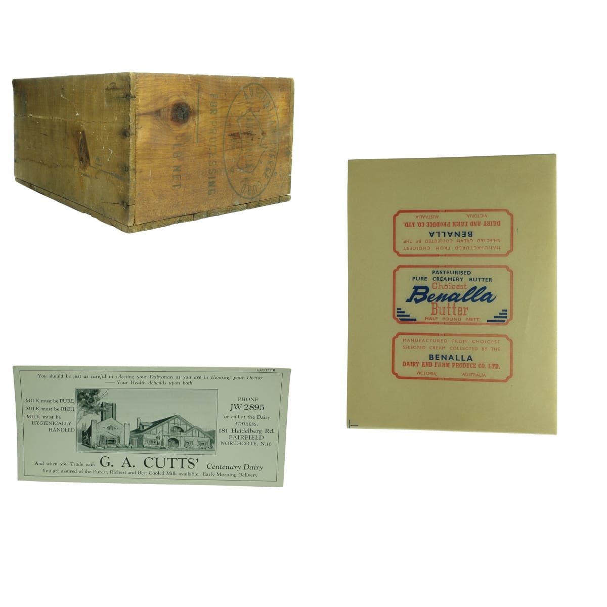 Dairy Group: Australian Cheese Curd Wooden Box; 9 x Benalla Butter wrappers; G. A. Cutts Fairfield advertising blotter.