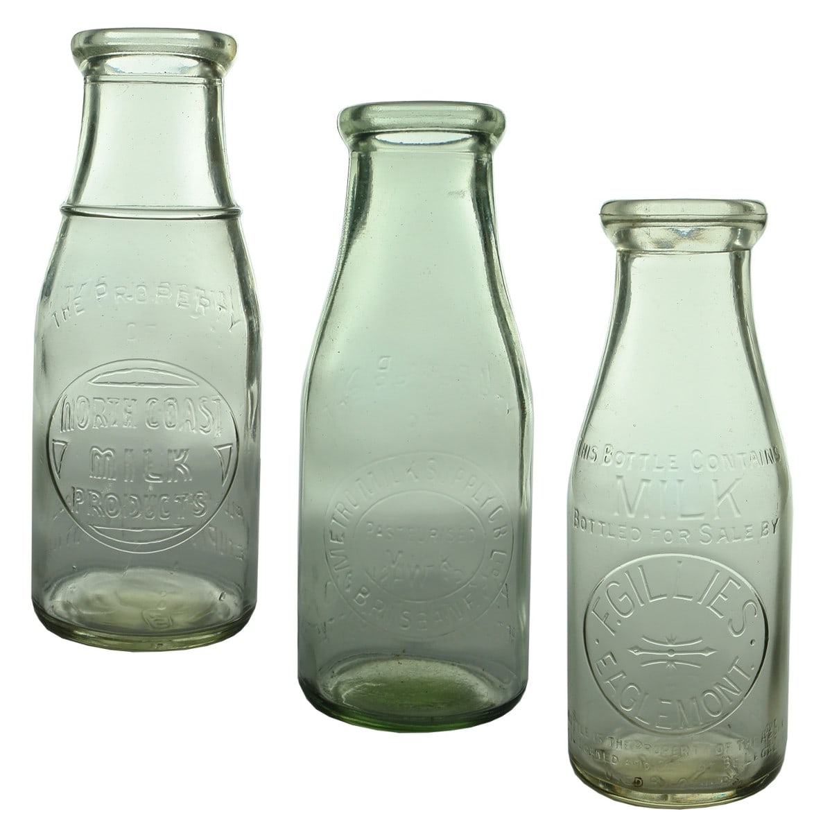 3 Milk Bottles: North Coast Milk Products; Metro Milk Supply, Brisbane; F. Gillies, Eaglemont. (New South Wales, Queensland & Victoria)