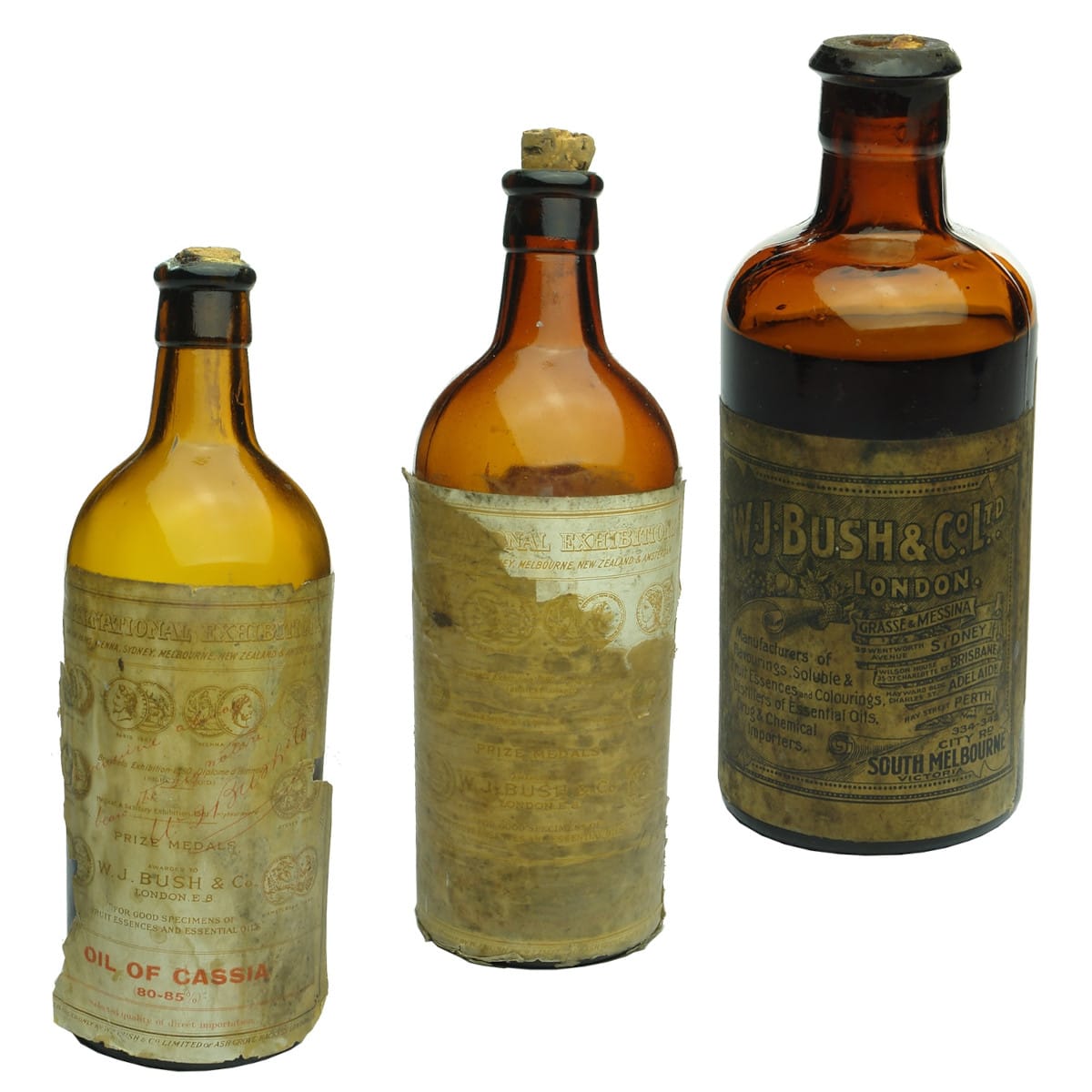 3 Labelled Bush & Co essence bottles. All with some contents. Amber. Not for post!