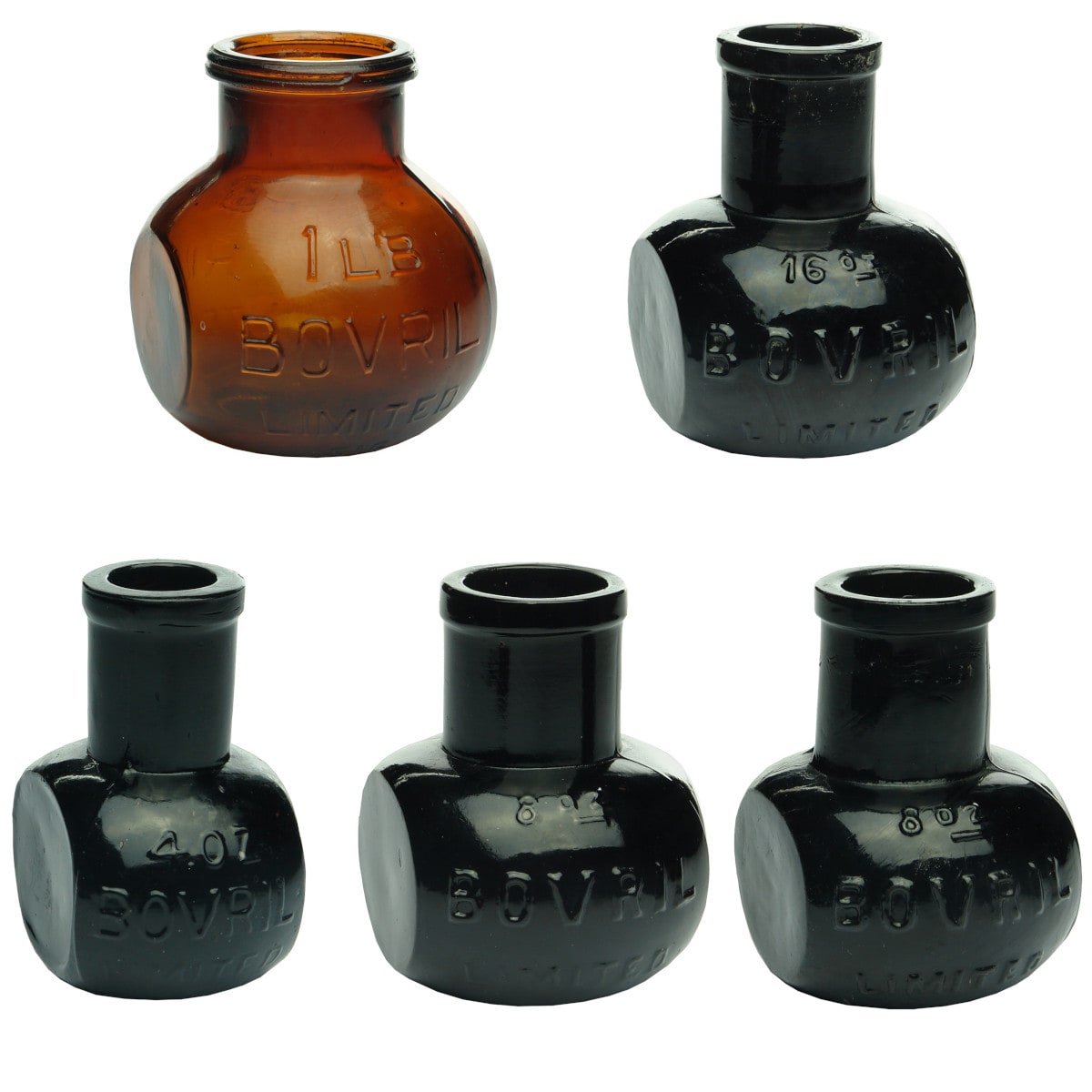 5 Bovril Items: 1 lb amber glass jar. 4 x black glass display bottles 4 oz, 2 x 8 oz and 16 oz.