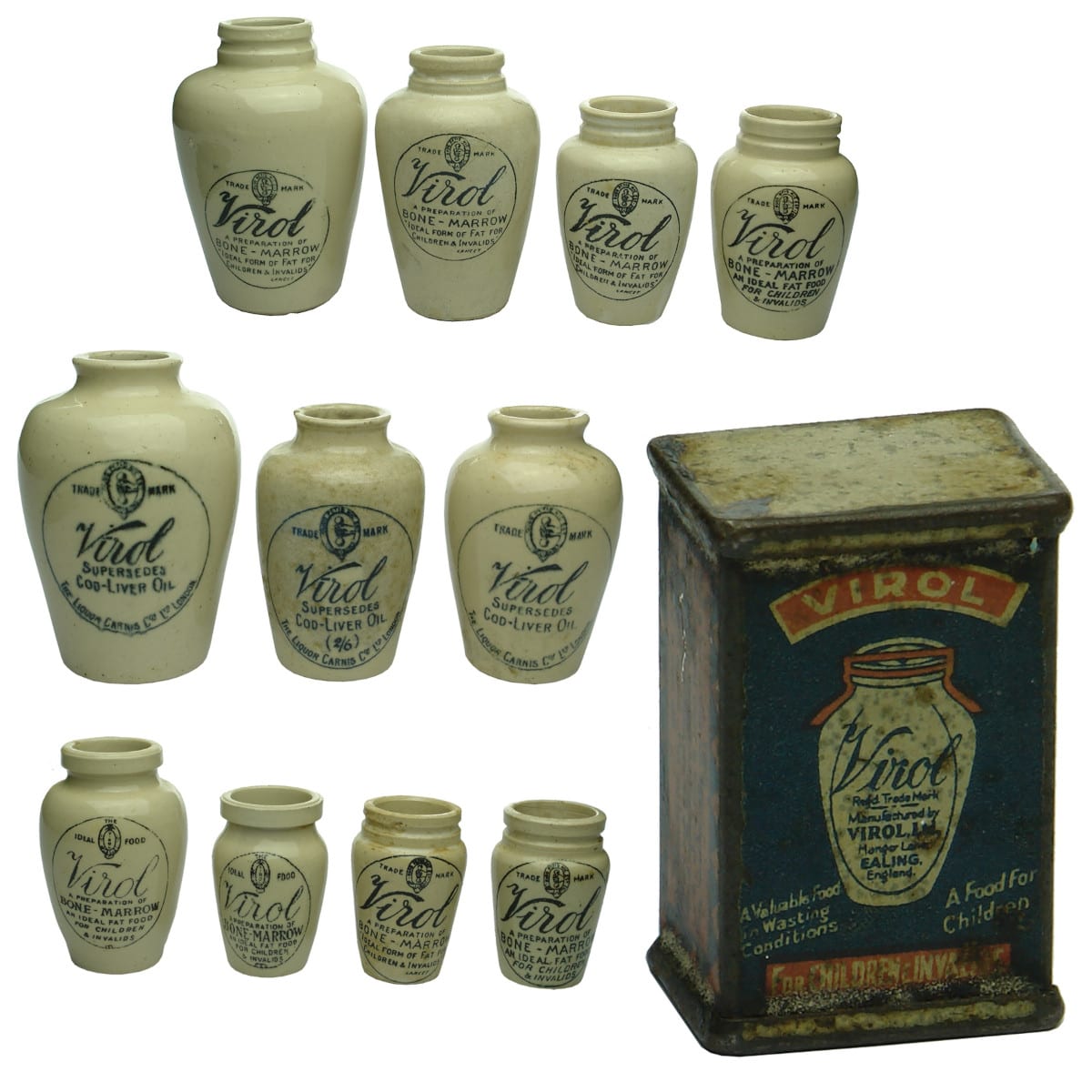 12 Virol Items: 11 different Virol Jars & an advertising pencil sharpener.