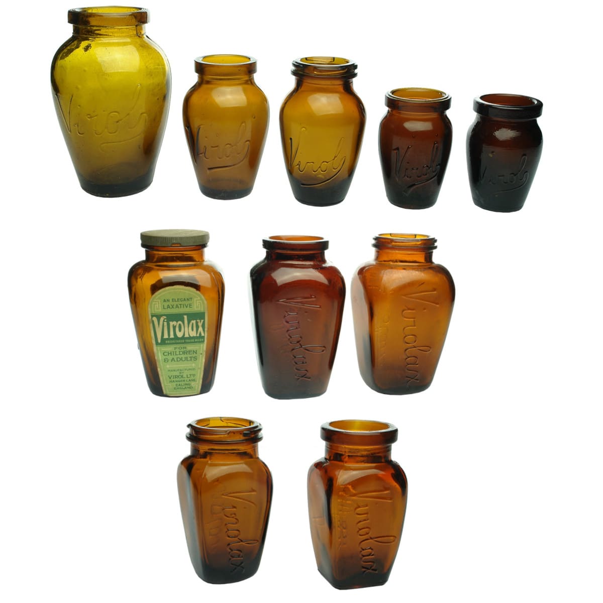 10 amber glass Virol & Virolax Jars. All variations.