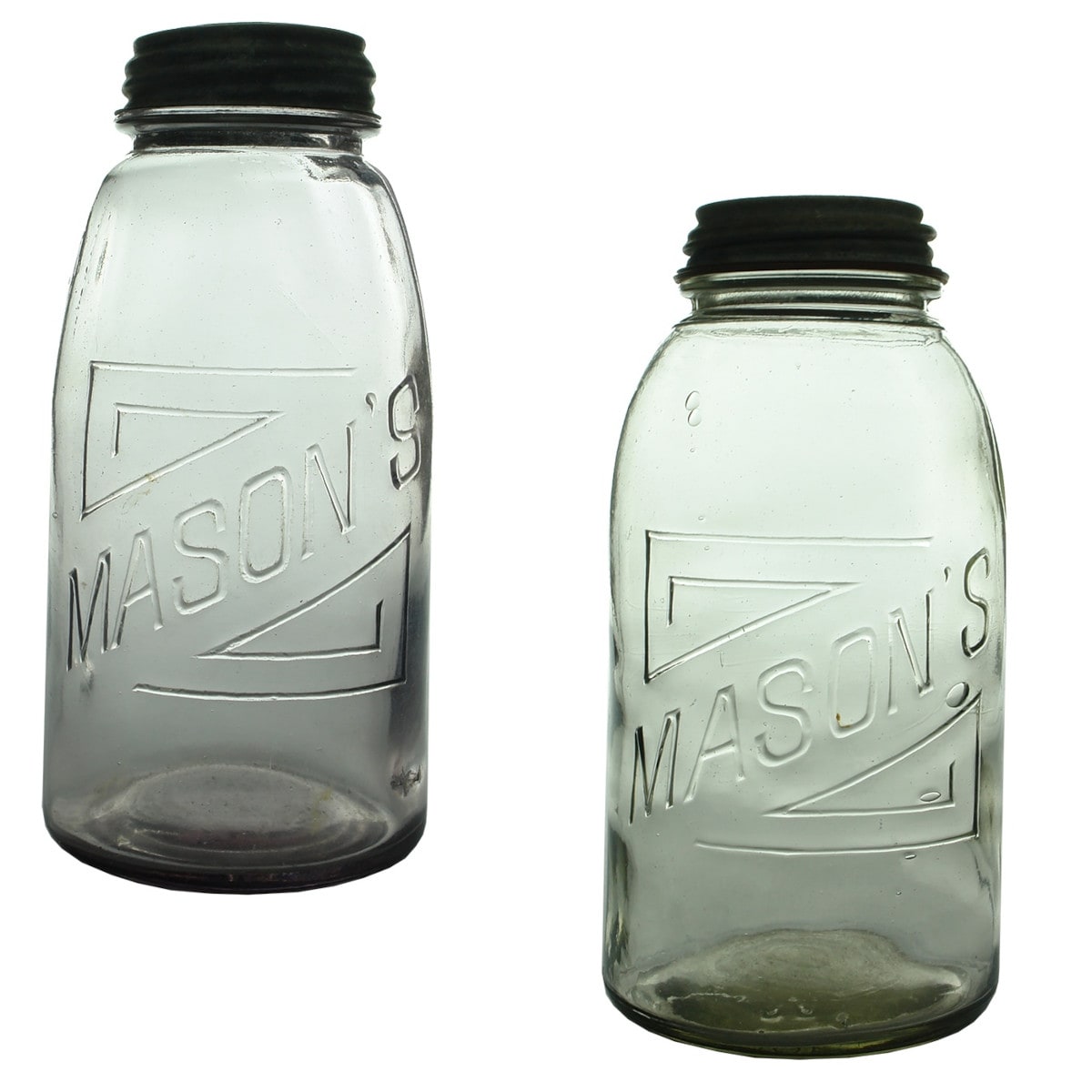 2 Fruit Jars. Mason's with geometric patterns. Half Gallon. Amethyst & Clear. (Australia)