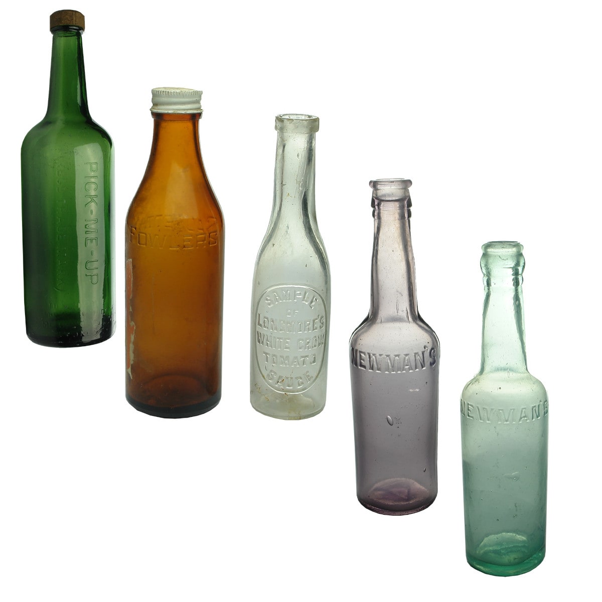 5 Sauce Bottles: Green Pick-Me-Up 1942; Fowlers Sausetta; Sample of Longmore's White Crow Tomato Sauce; Newman's. Sun Coloured Amethyst & Aqua.