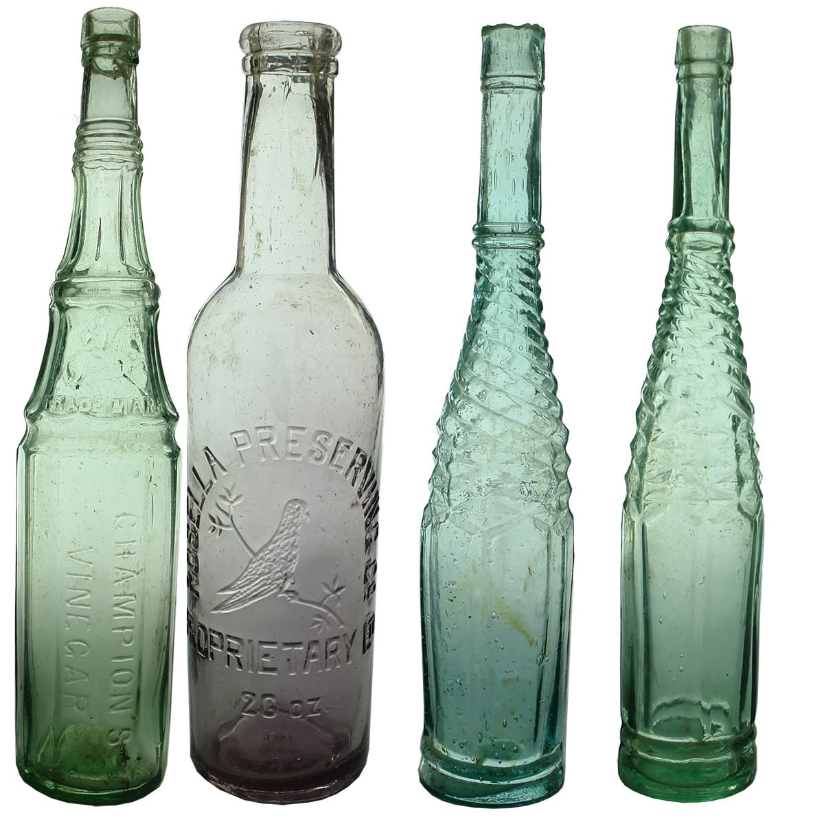 4 Household Bottles: Champion's Vinegar; 26 oz Rosella Sauce; 10 oz Shear Top Whirly; 10 oz M base mark Whirley.