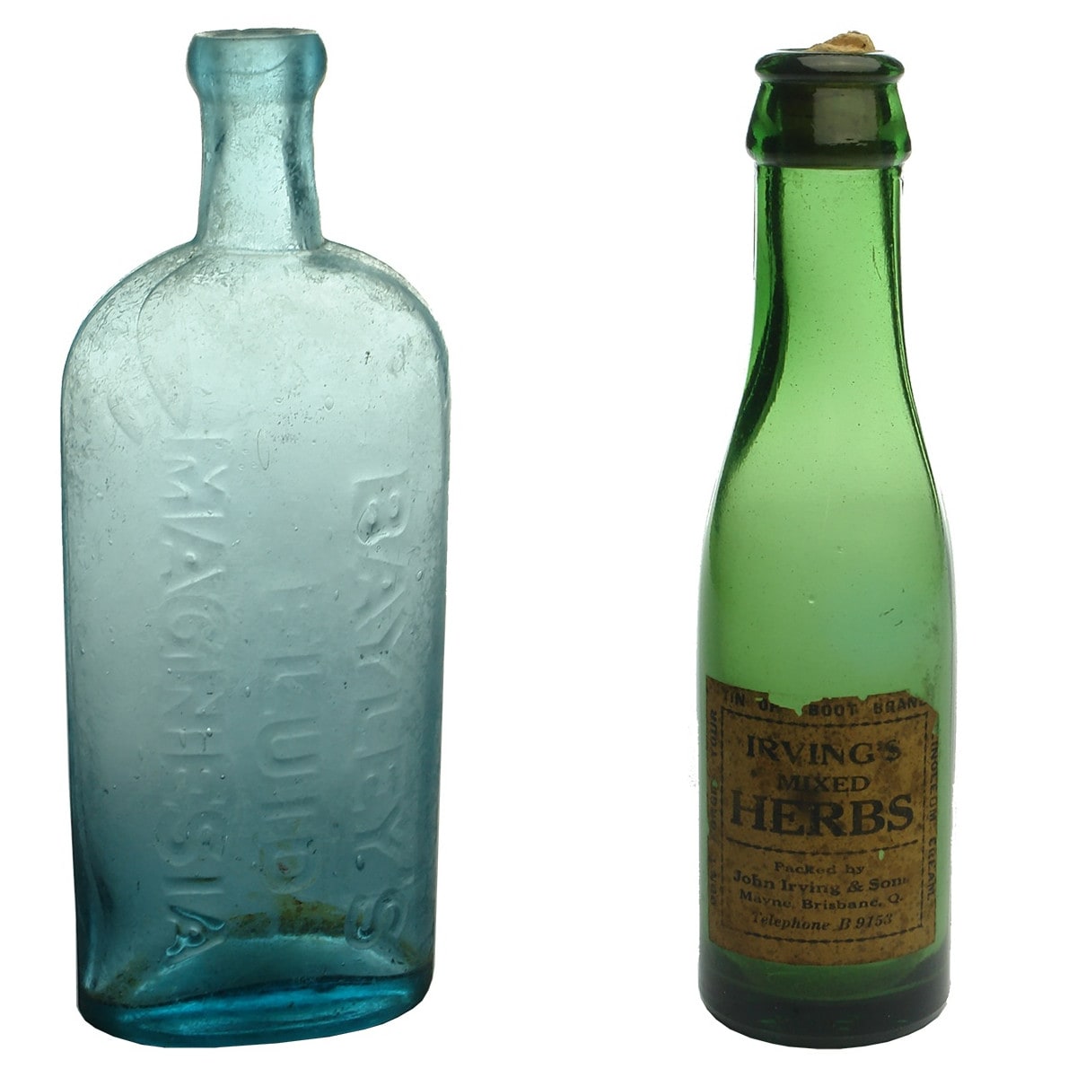 2 QLD Bottles: Bayley's Fluid Magnesia & Labelled Irving's Mixed Herbs, Mayne, Brisbane. (Queensland)