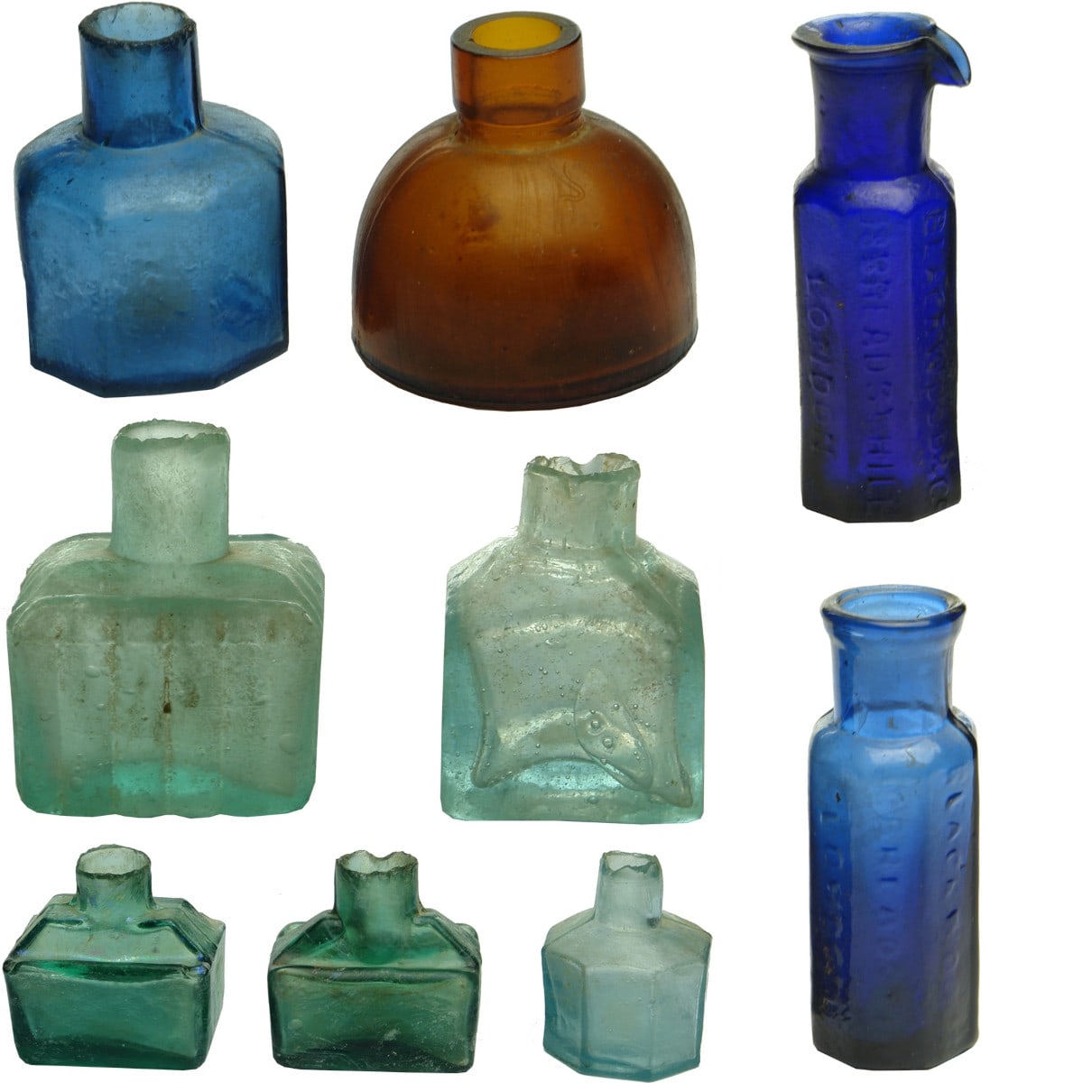 9 Glass Inks: Blue Octagonal; Amber Machine made dome; 2 x Cabin; Aqua Octagonal; 2 x Aqua Square; 2 x Blackwood.