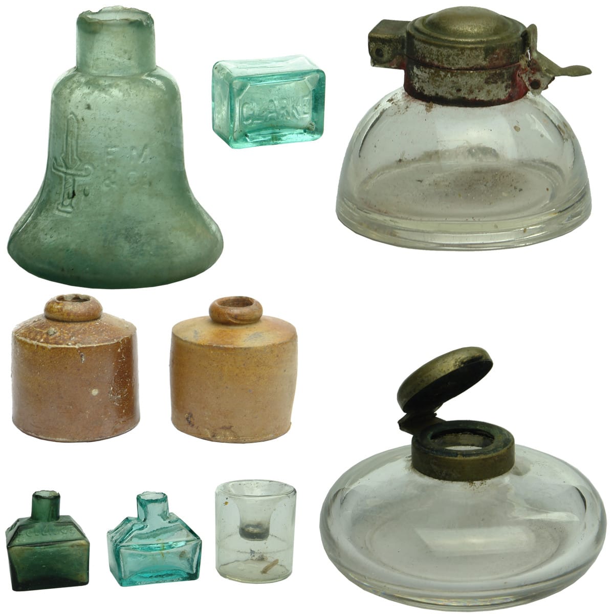 Inks. F. M. & Co. with Dagger, Bell Ink; Plain Penny Ink; Plain Penny Ink; Green Hollidge Ink; Unmarked Cabin Ink; Clear Glass Non-Spill Inkwell; Cabin Ink marked Clarke; Pair of clear glass inkwells with hinged brass lids.