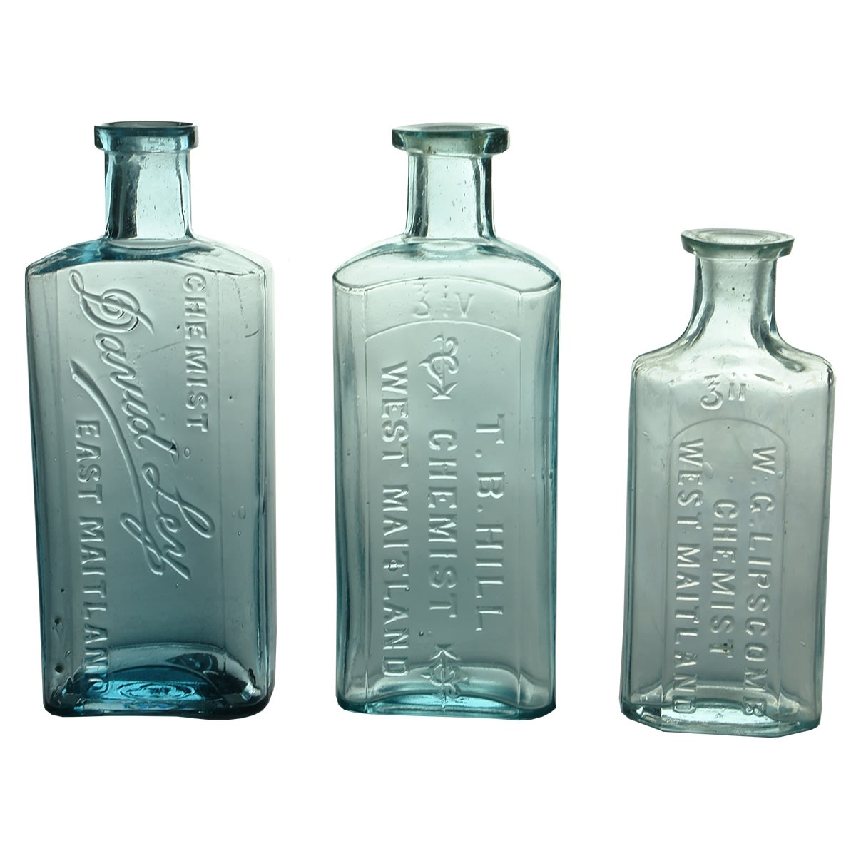 3 Chemist Bottles: David Ley, East Maitland; T. B. Hill, West Maitland; W. G. Lipscomb, West Maitland. (New South Wales)