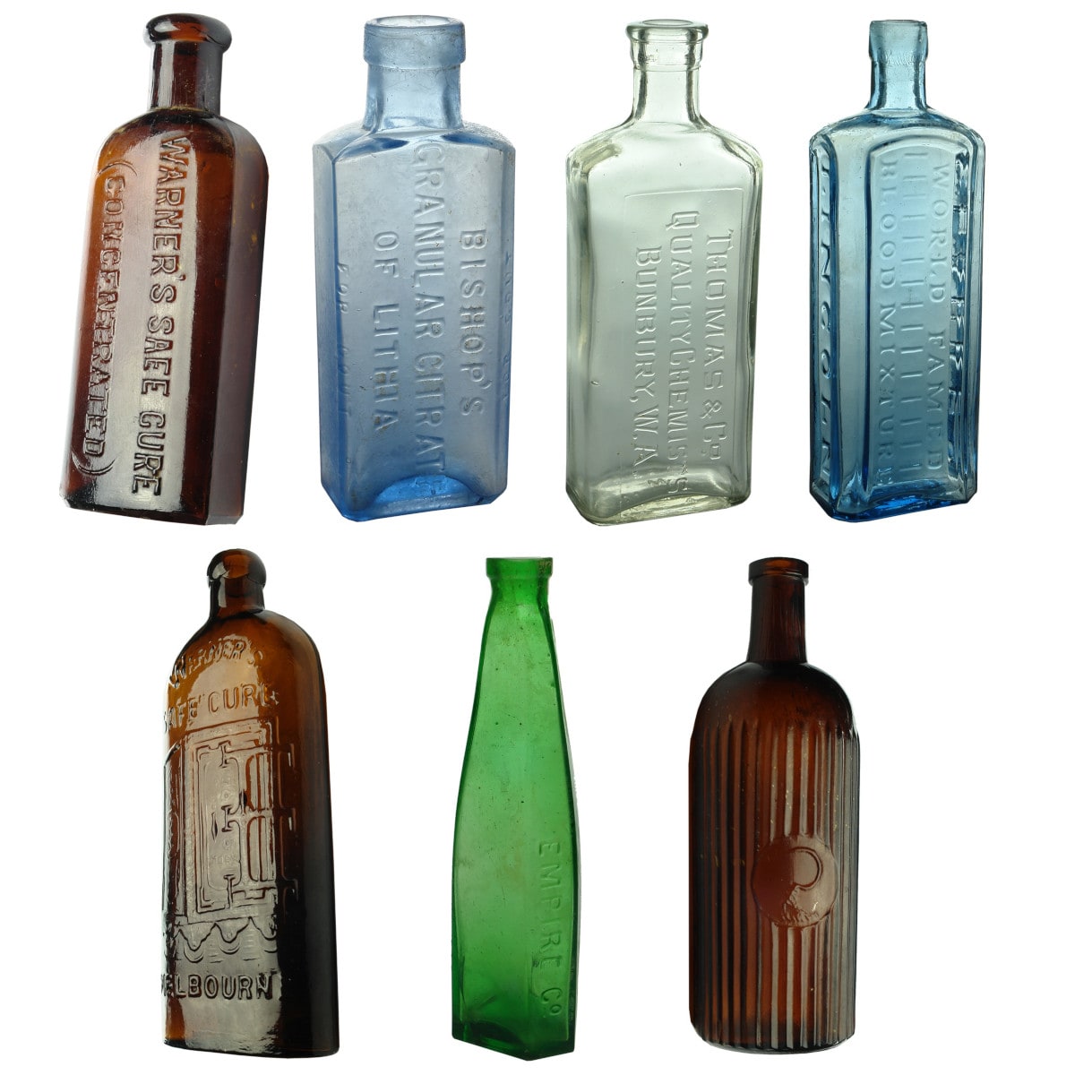 7 Cure & Household Bottles: Warner's Saee Cure; Bishops; Thomas, Bunbury; Clarkes Blood Mixture; Safe Cure; Empire, Robert Harper; Cuming Smith Formalin.