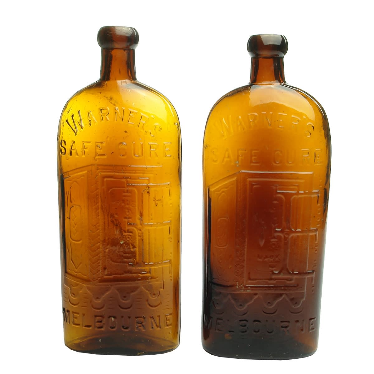 2 Warner's Safe Cure bottles. Melbourne. Differing shades of amber. Pints. (Victoria)