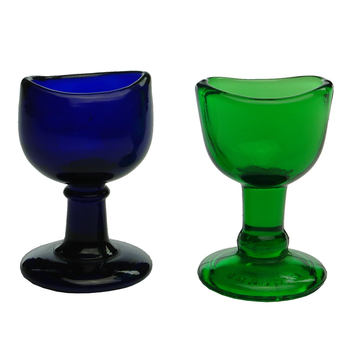 2 Eye Baths. Cobalt Blue & Green. Wood Bros, Made in England.